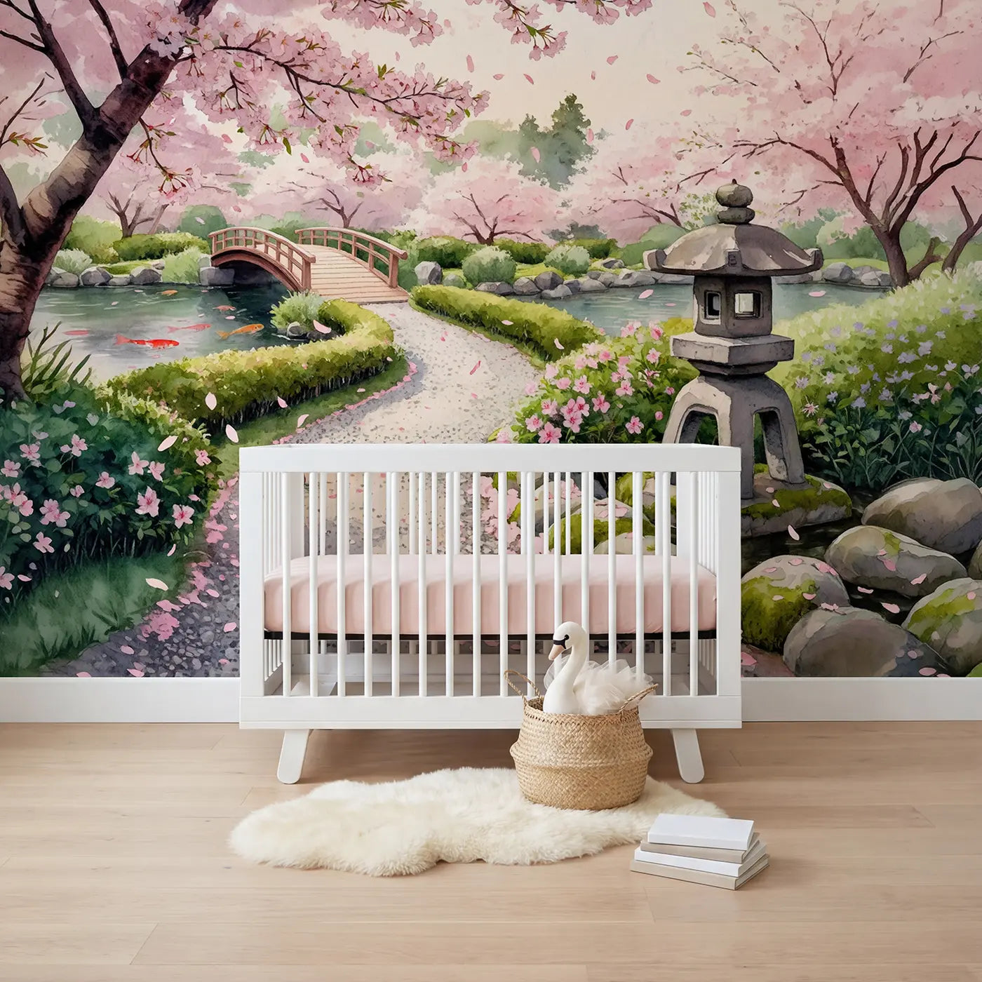 Watercolor cherry blossom garden path wallpaper mural for girls nursery by Whimsy Tots