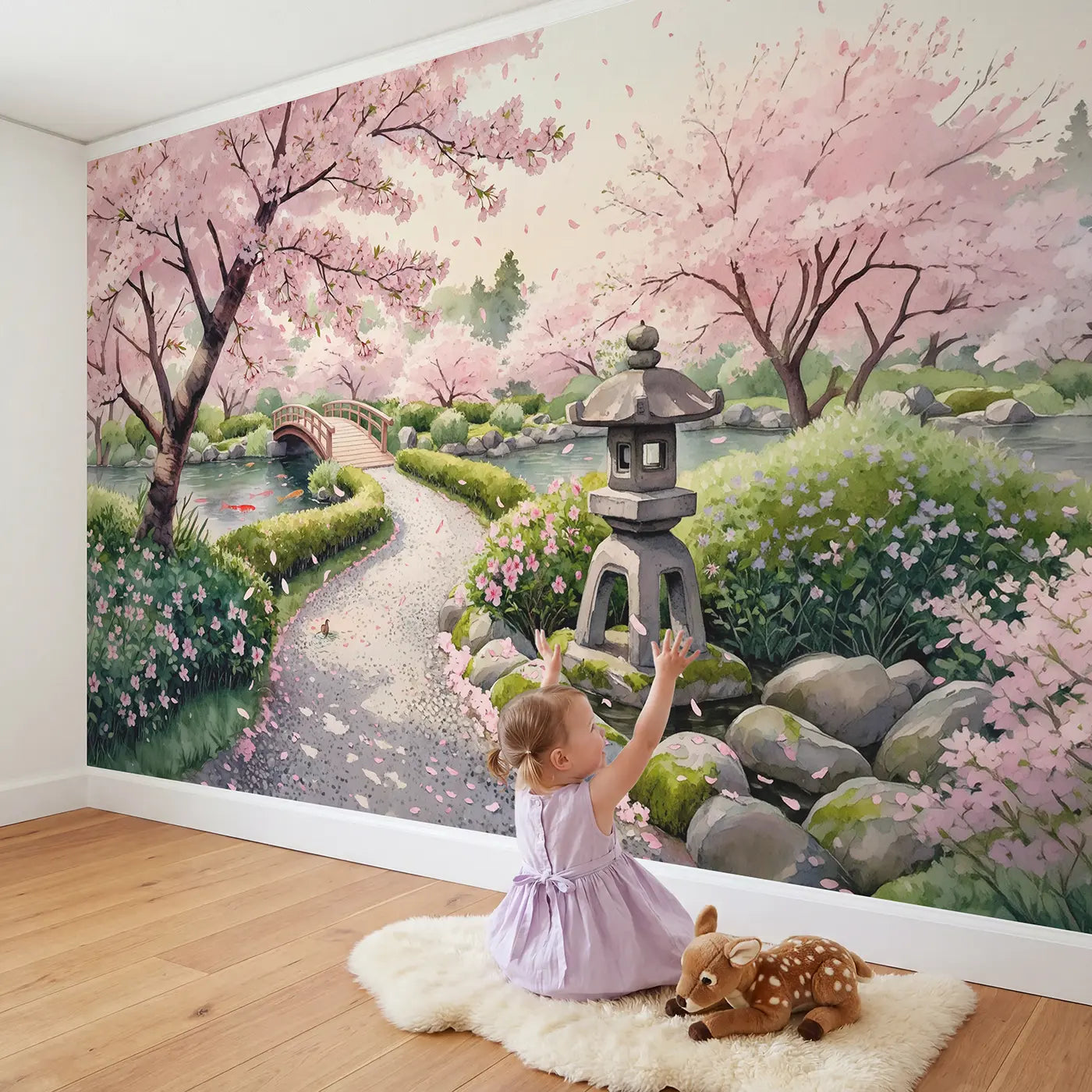 Child in nursery with Cherry Blossom Garden Path Wallpaper Mural by Whimsy Tots