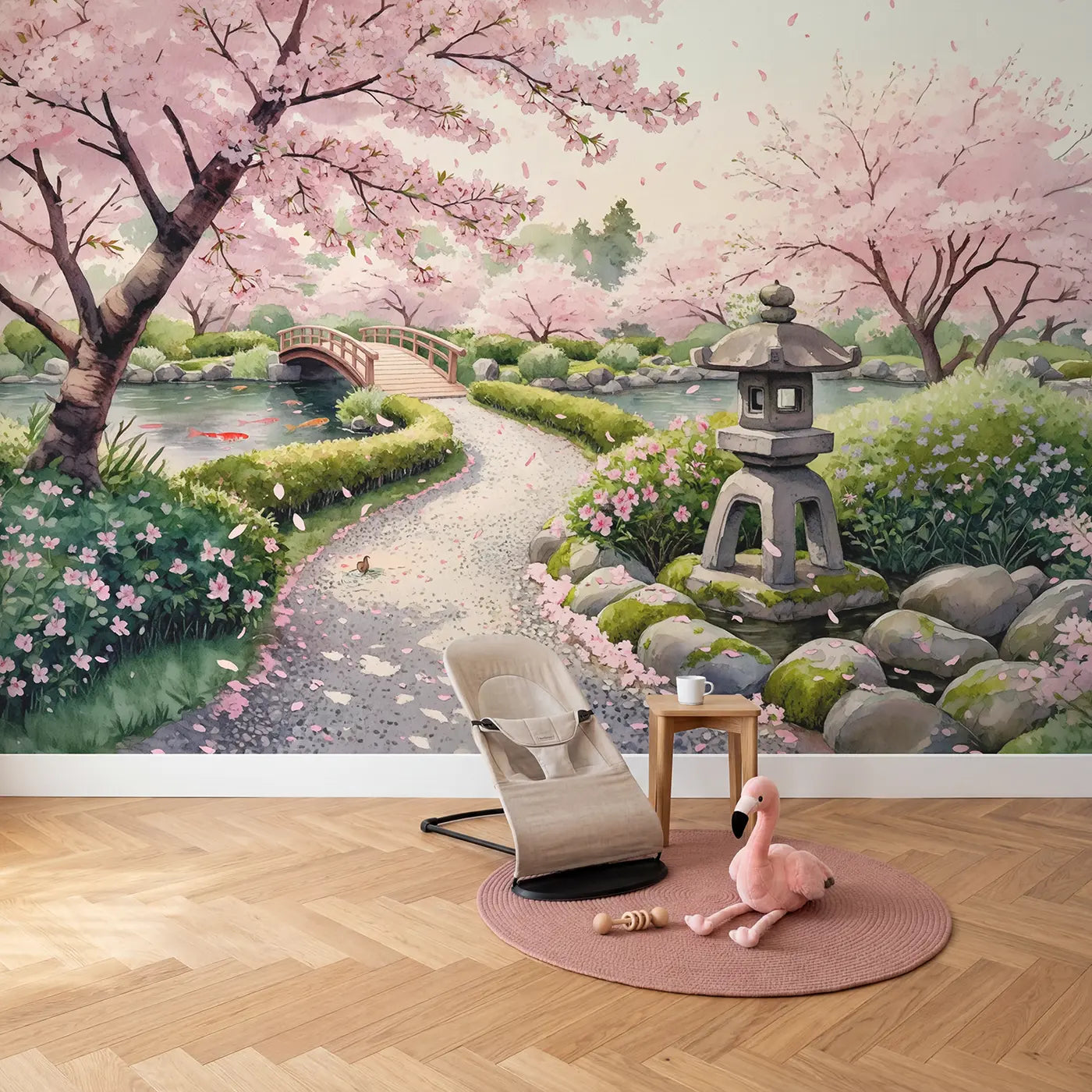 Cherry Blossom Garden Path Wallpaper Mural in playroom setting by Whimsy Tots