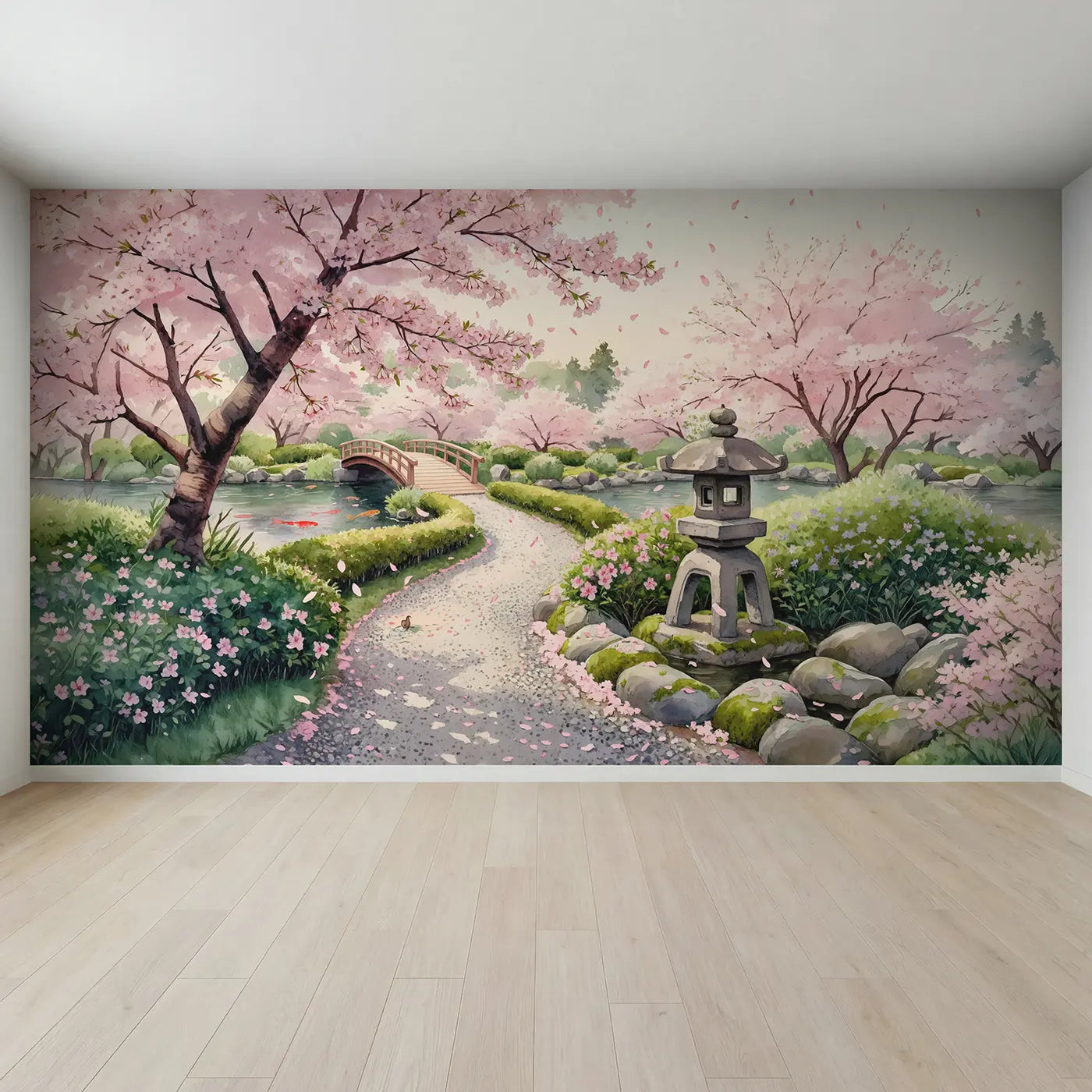 Full view of Cherry Blossom Garden Path Wallpaper Mural by Whimsy Tots