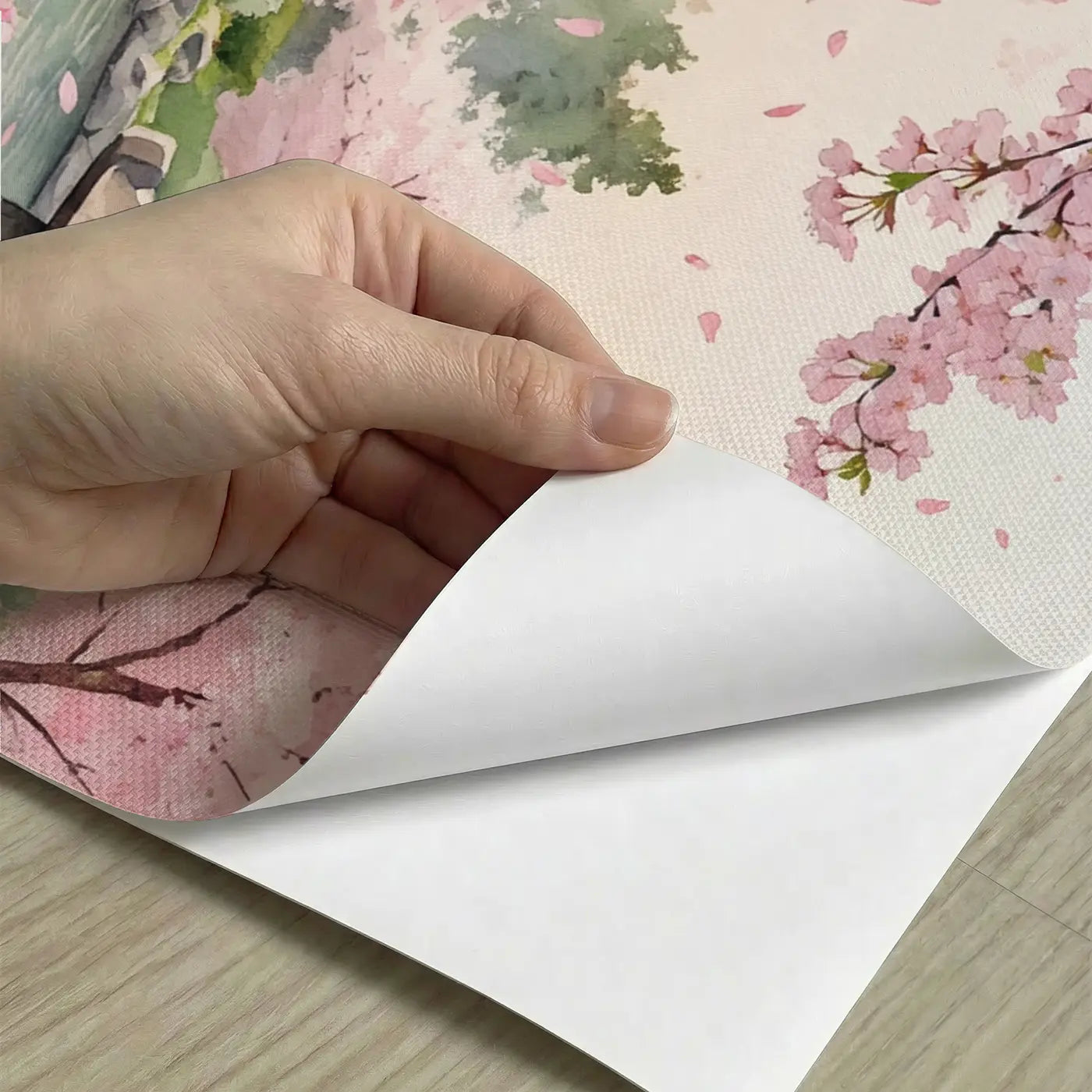 Peel-and-stick detail of Cherry Blossom Garden Path Wallpaper Mural by Whimsy Tots