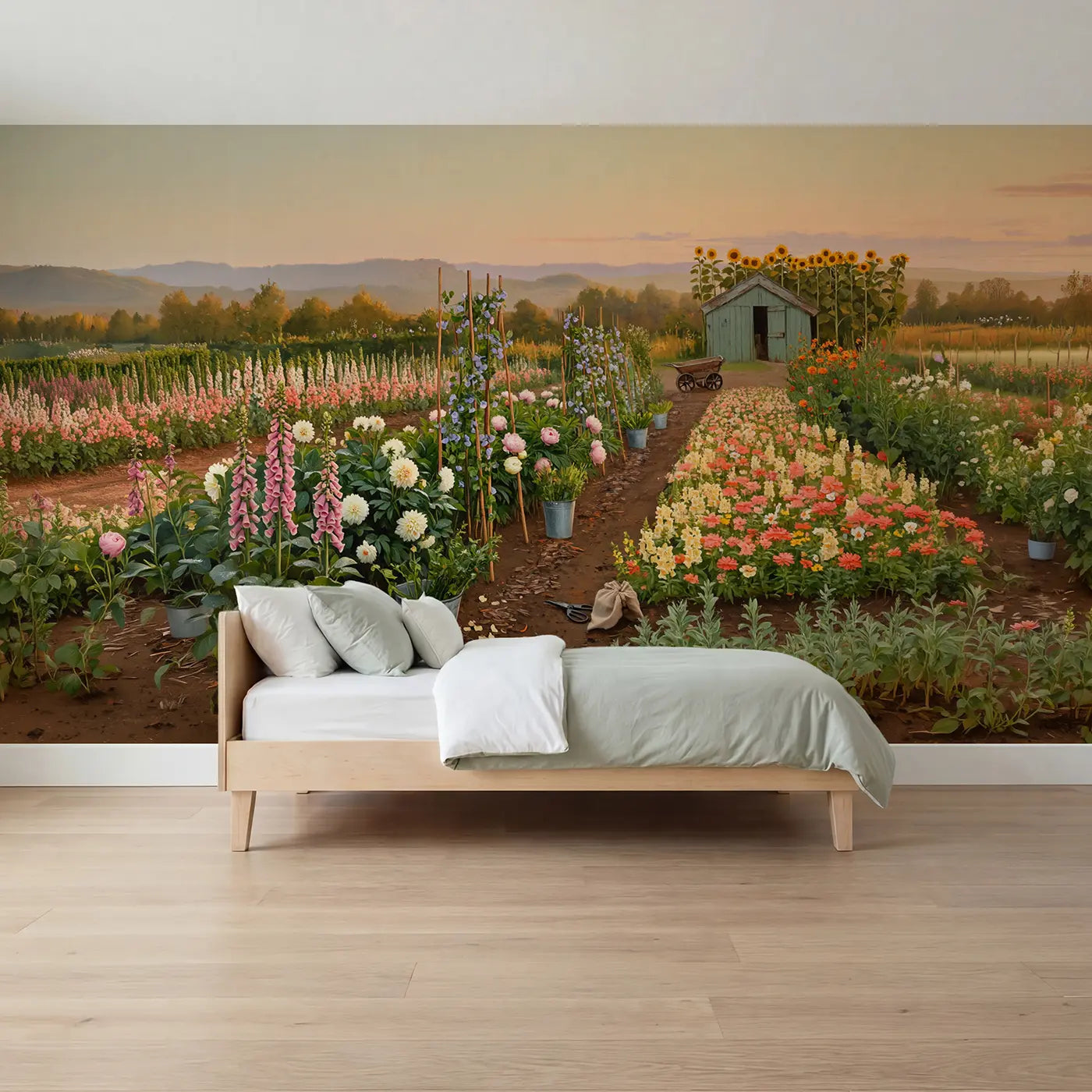 Painted landscape sunflower garden cottage wallpaper mural for kids room by Whimsy Tots