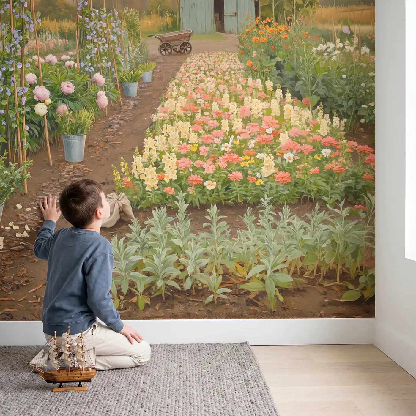 Child in nursery with Morning Cutting Garden Farm Wallpaper Mural by Whimsy Tots