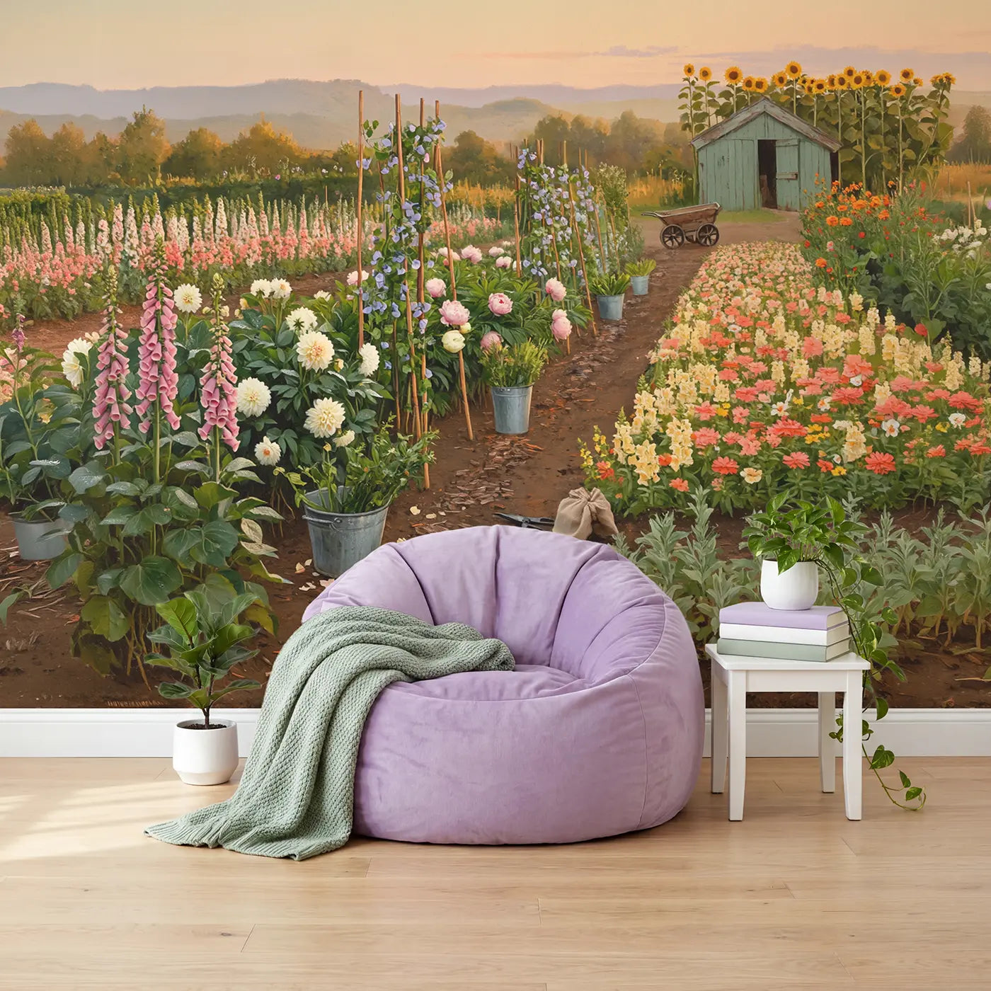 Morning Cutting Garden Farm Wallpaper Mural in playroom setting by Whimsy Tots