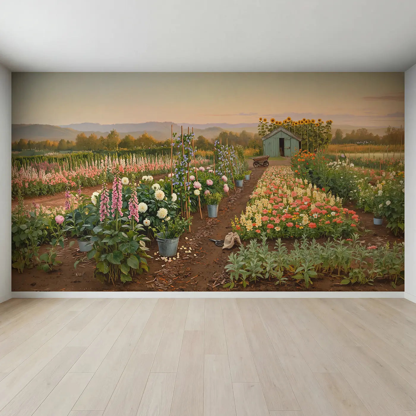 Full view of Morning Cutting Garden Farm Wallpaper Mural by Whimsy Tots