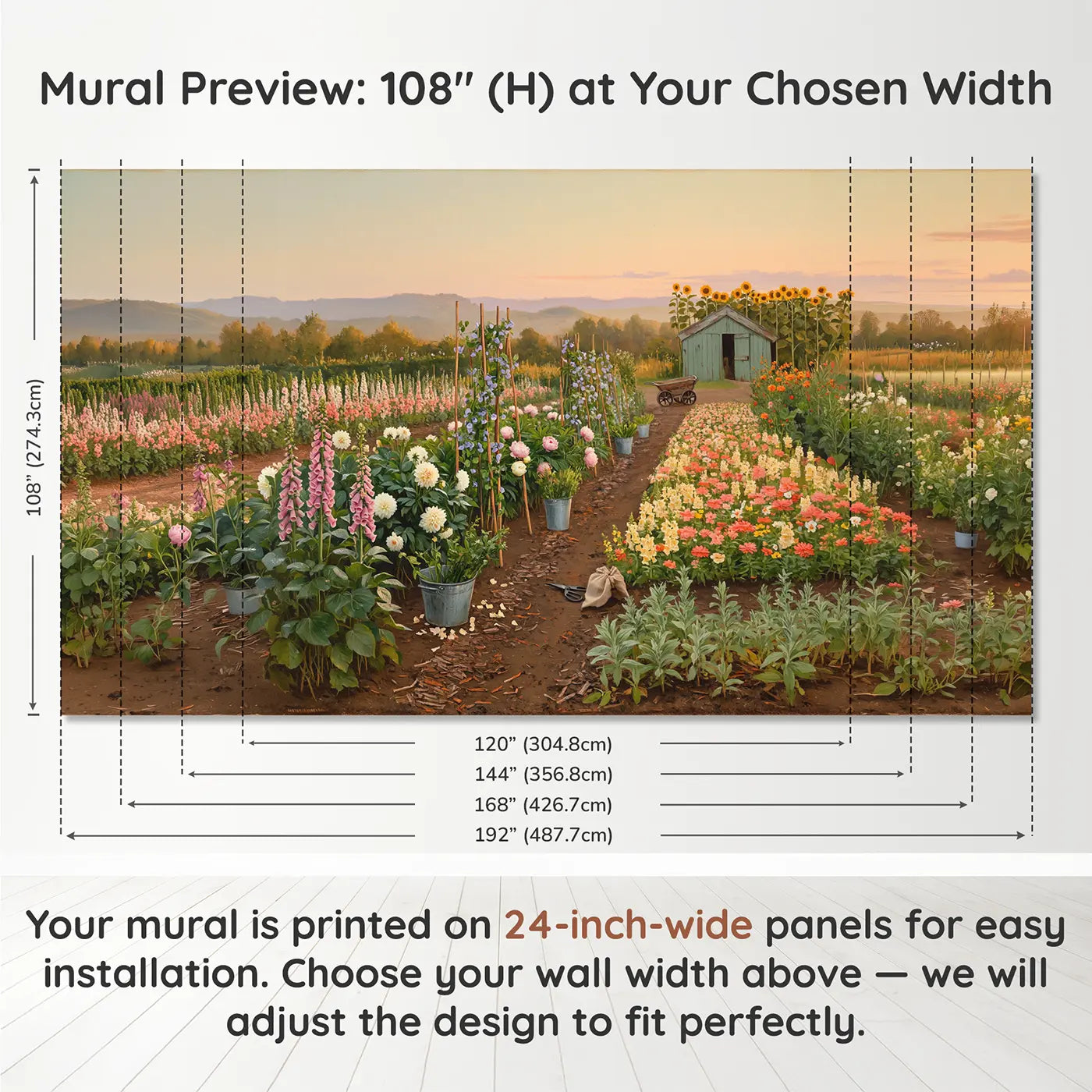 Panel layout and dimensions for Morning Cutting Garden Farm Wallpaper Mural by Whimsy Tots