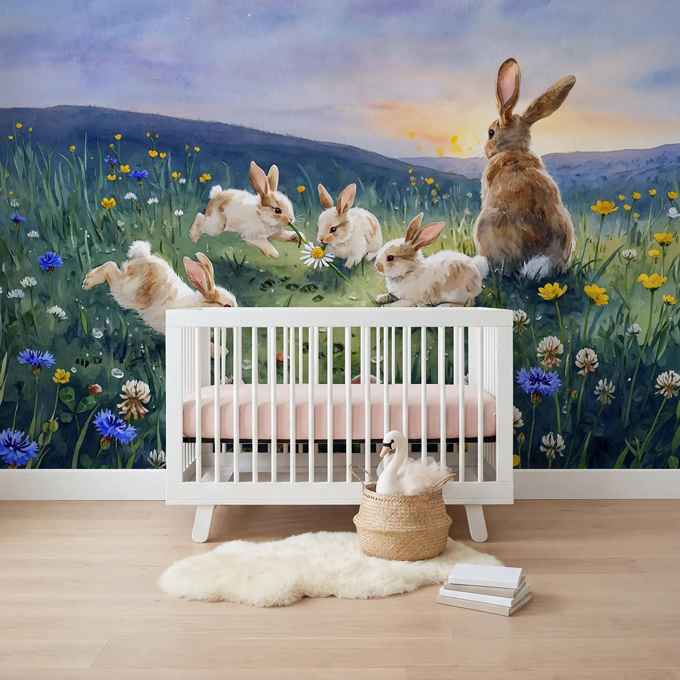 Watercolor bunny family clover meadow wallpaper mural for nursery by Whimsy Tots