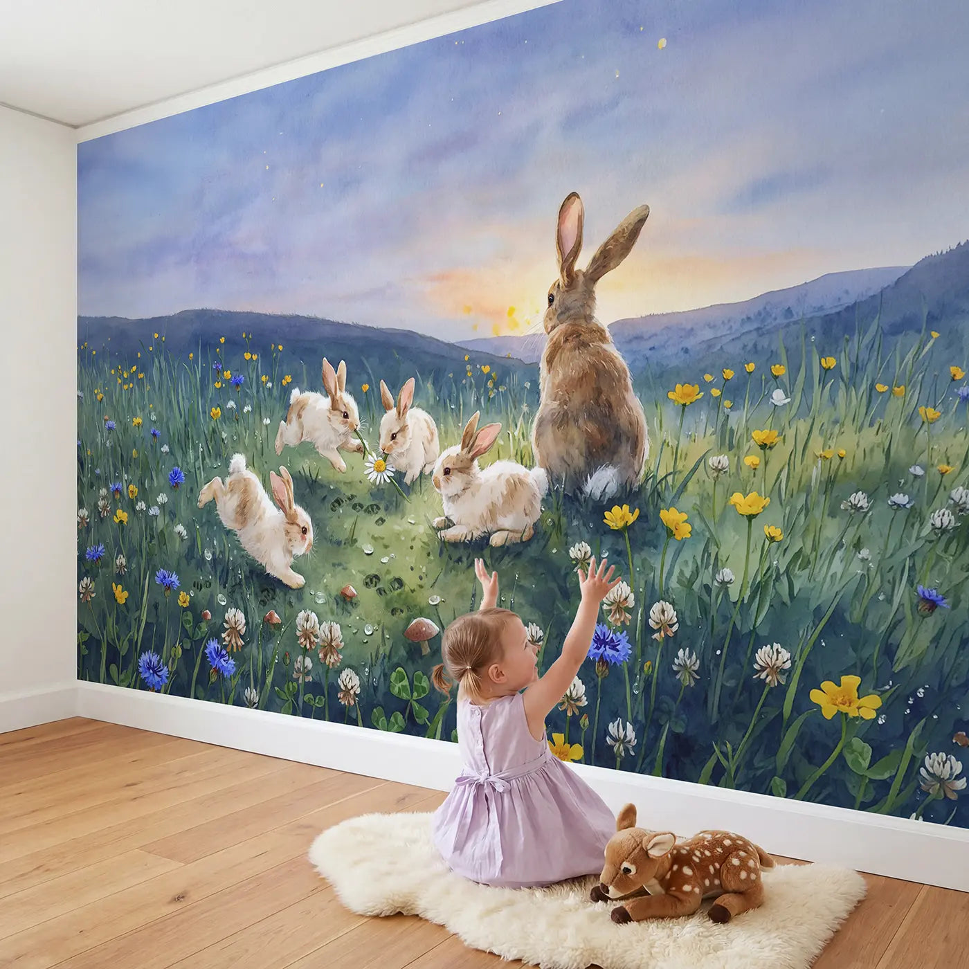 Child in nursery with Bunny Family Clover Meadow Wallpaper Mural by Whimsy Tots