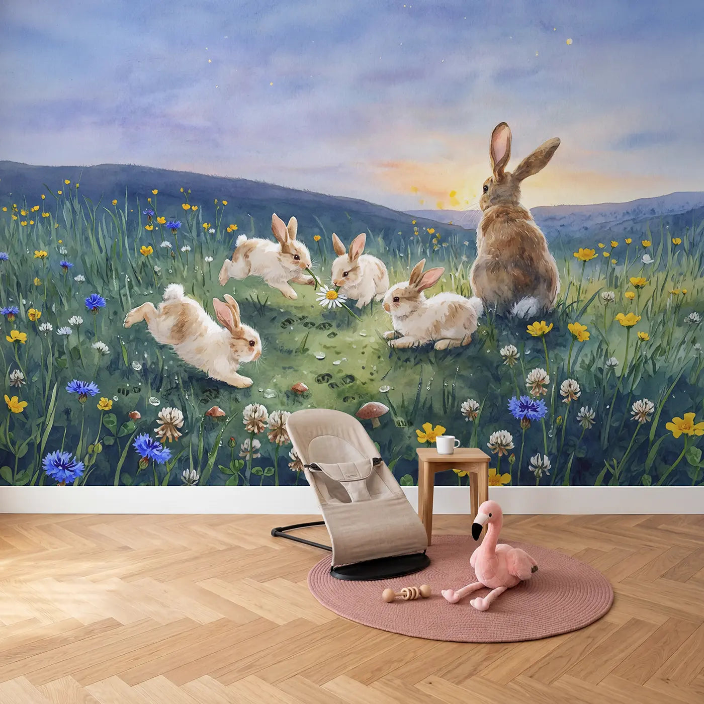 Bunny Family Clover Meadow Wallpaper Mural in playroom setting by Whimsy Tots
