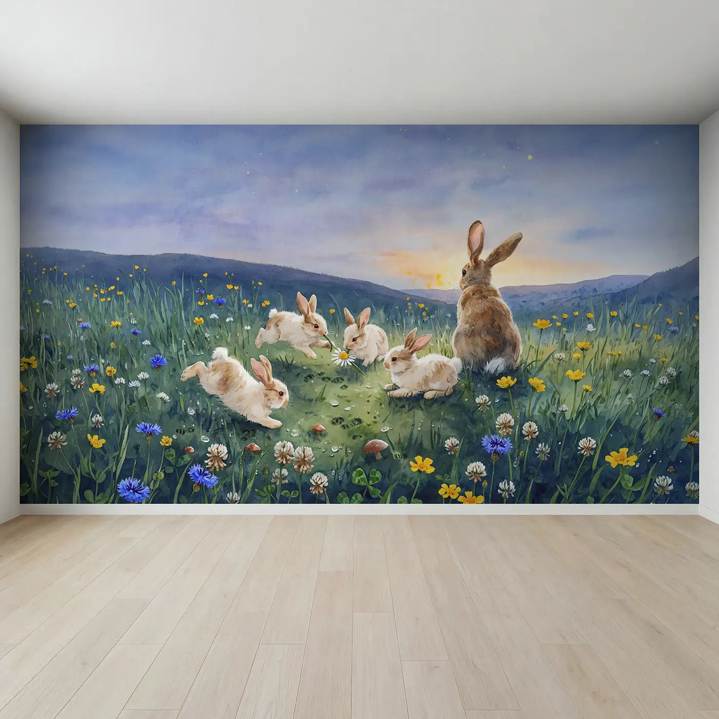 Full view of Bunny Family Clover Meadow Wallpaper Mural by Whimsy Tots