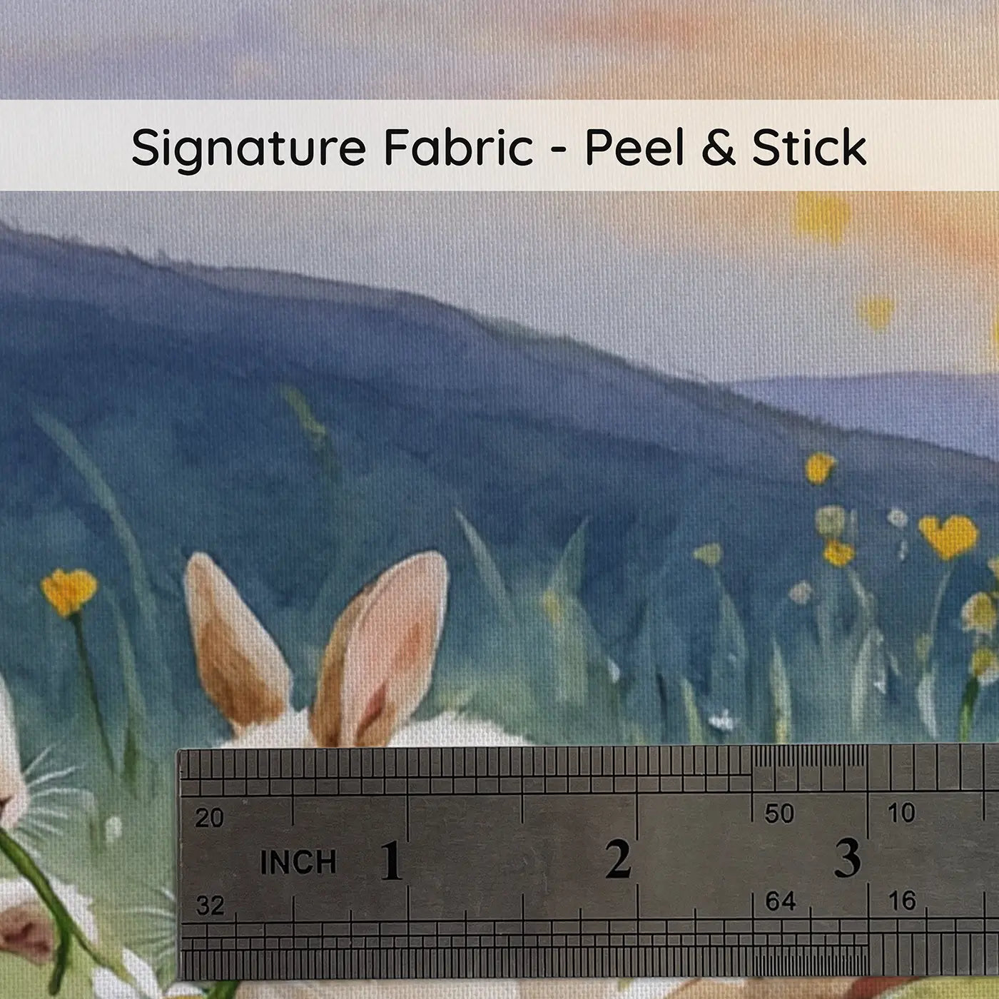Fabric texture close-up of Bunny Family Clover Meadow Wallpaper Mural by Whimsy Tots