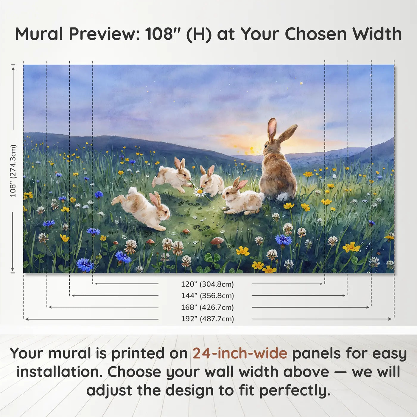 Panel layout and dimensions for Bunny Family Clover Meadow Wallpaper Mural by Whimsy Tots