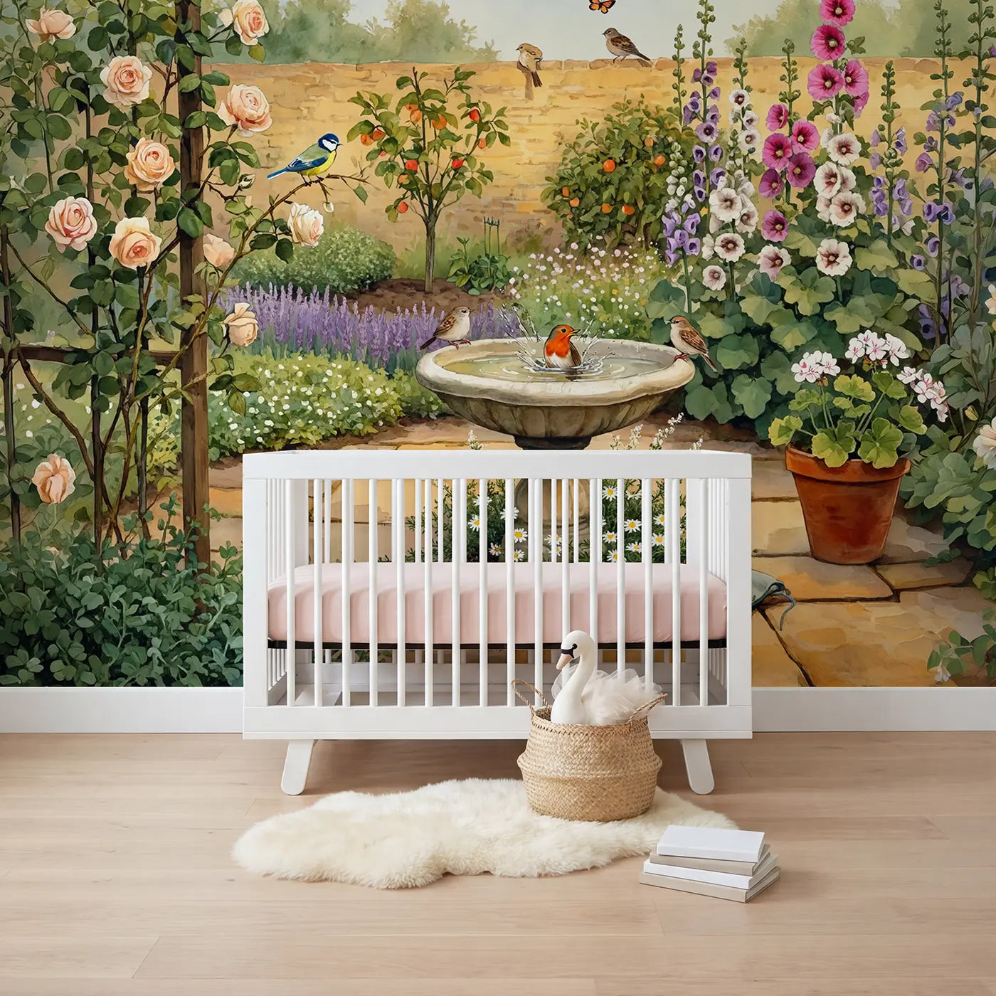 Watercolor garden birdbath with roses wallpaper mural for kids room by Whimsy Tots