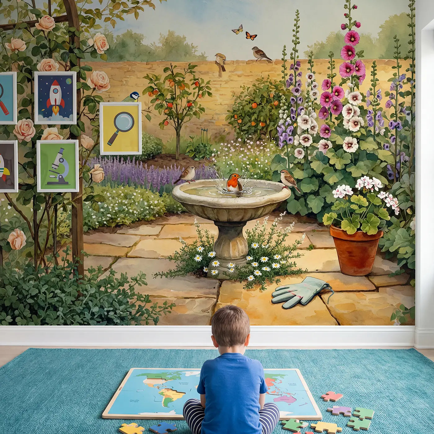 Child in nursery with Garden Birdbath Afternoon Wallpaper Mural by Whimsy Tots
