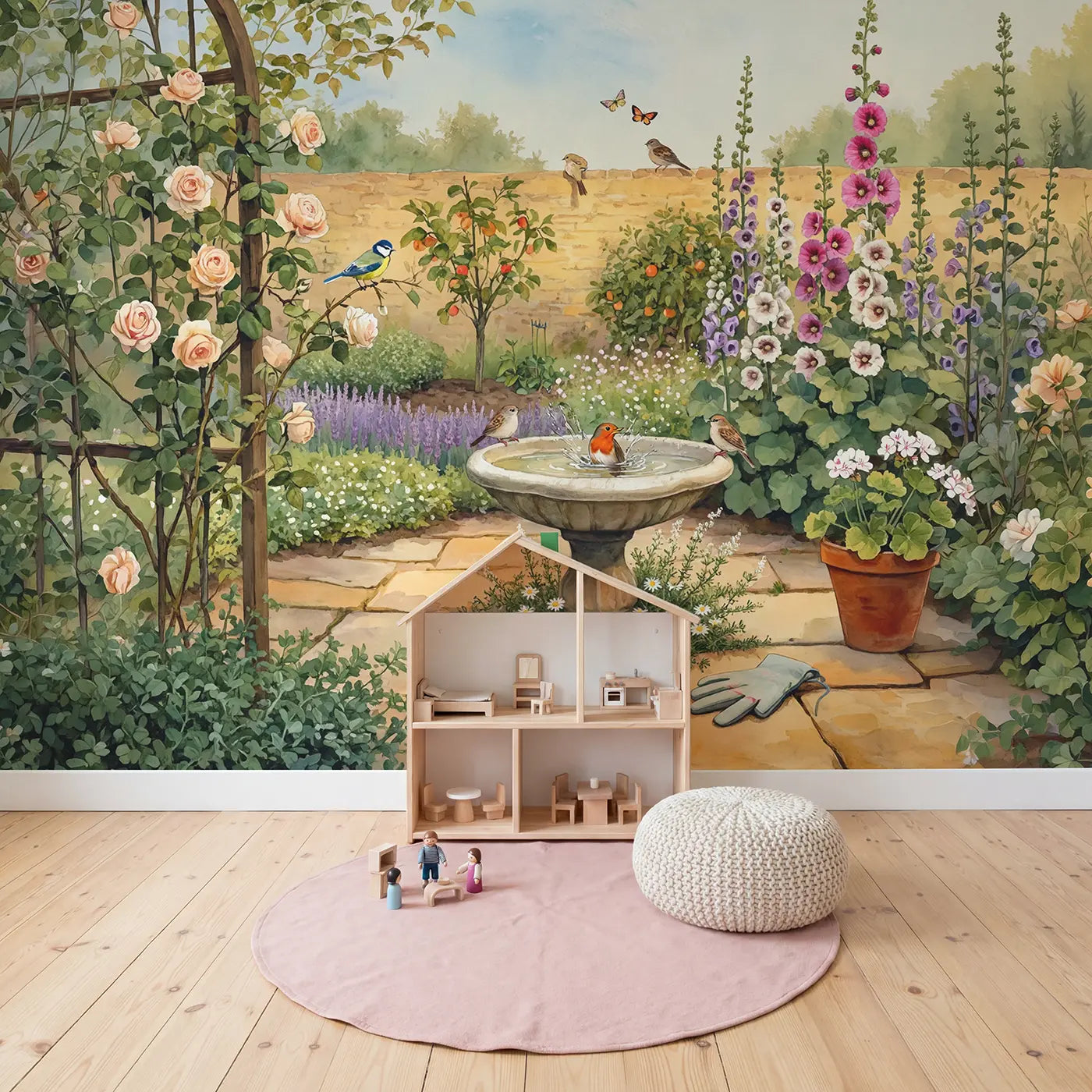 Garden Birdbath Afternoon Wallpaper Mural in playroom setting by Whimsy Tots