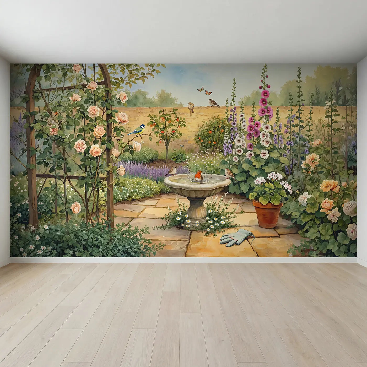 Full view of Garden Birdbath Afternoon Wallpaper Mural by Whimsy Tots