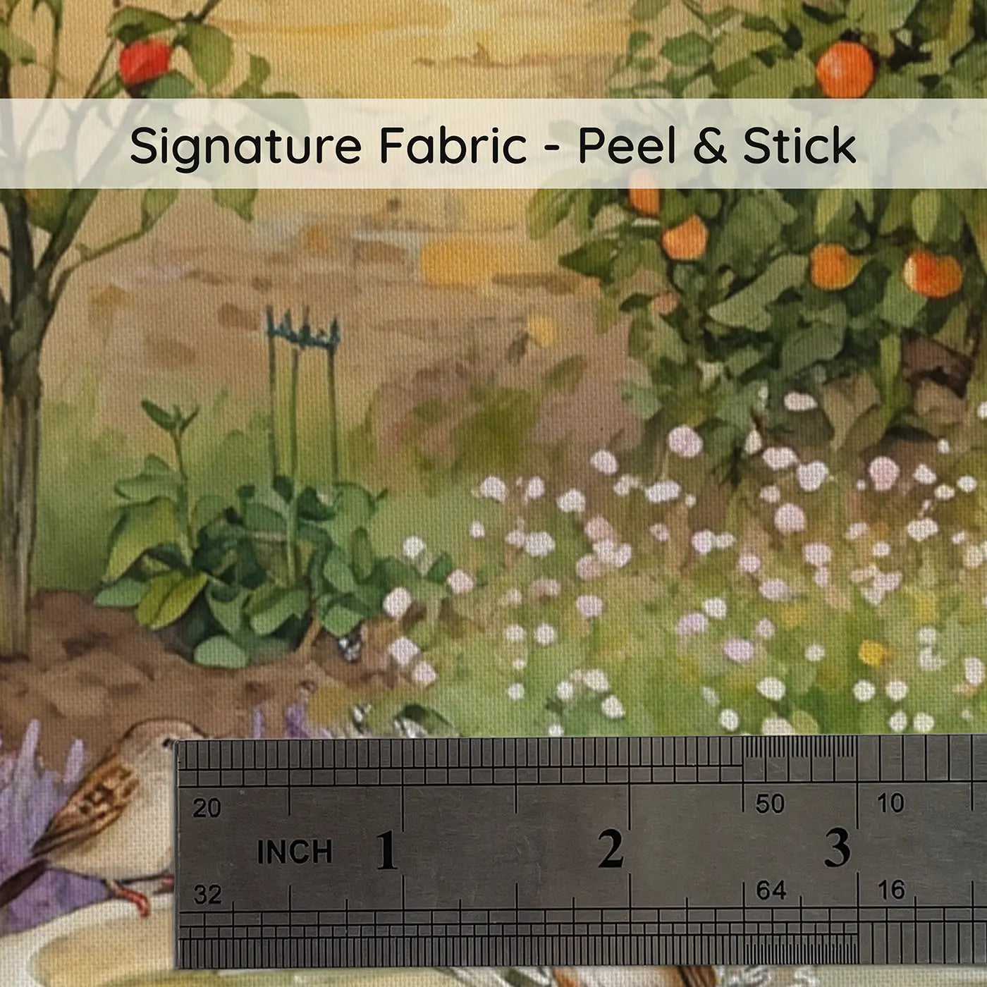 Fabric texture close-up of Garden Birdbath Afternoon Wallpaper Mural by Whimsy Tots