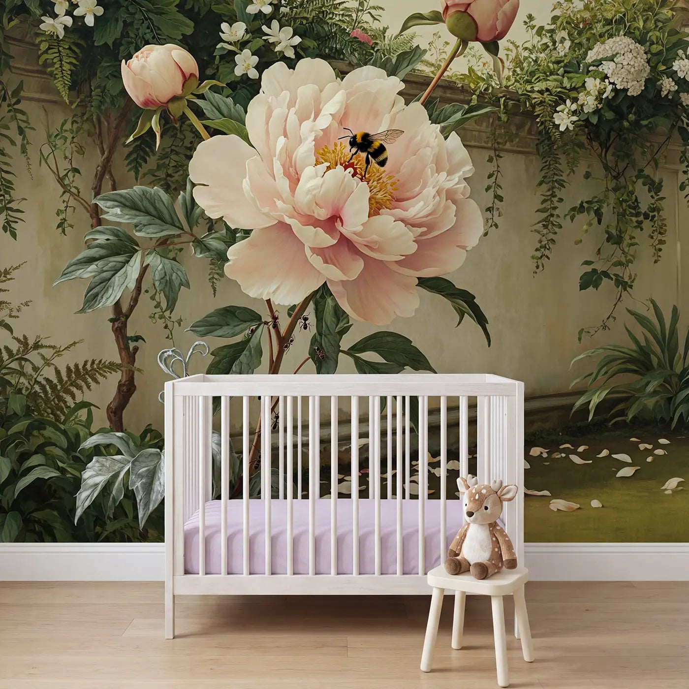 Botanical elegance oversized peony bloom wallpaper mural for nursery by Whimsy Tots