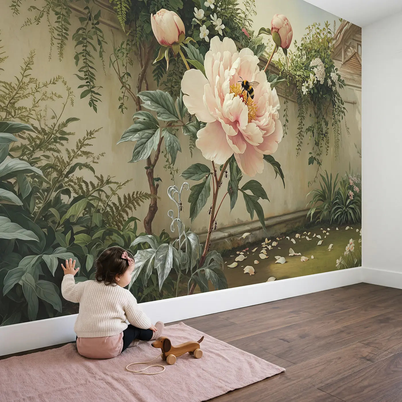 Child in nursery with Oversized Peony in Bloom Wallpaper Mural by Whimsy Tots
