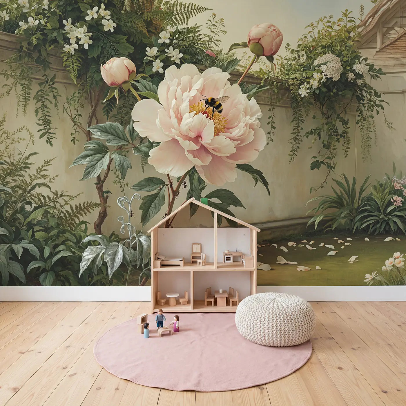 Oversized Peony in Bloom Wallpaper Mural in playroom setting by Whimsy Tots