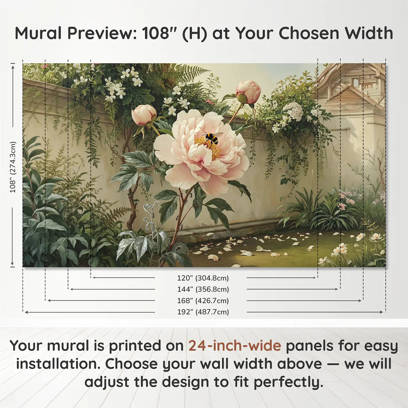 Panel layout and dimensions for Oversized Peony in Bloom Wallpaper Mural by Whimsy Tots