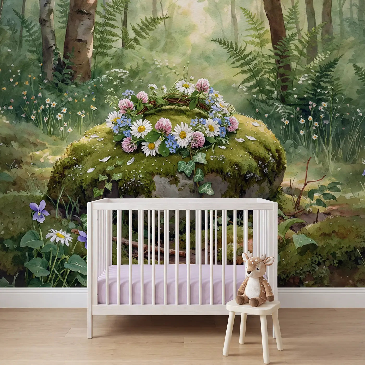 watercolor wildflower crown mossy stone mural for girls nursery by Whimsy Tots