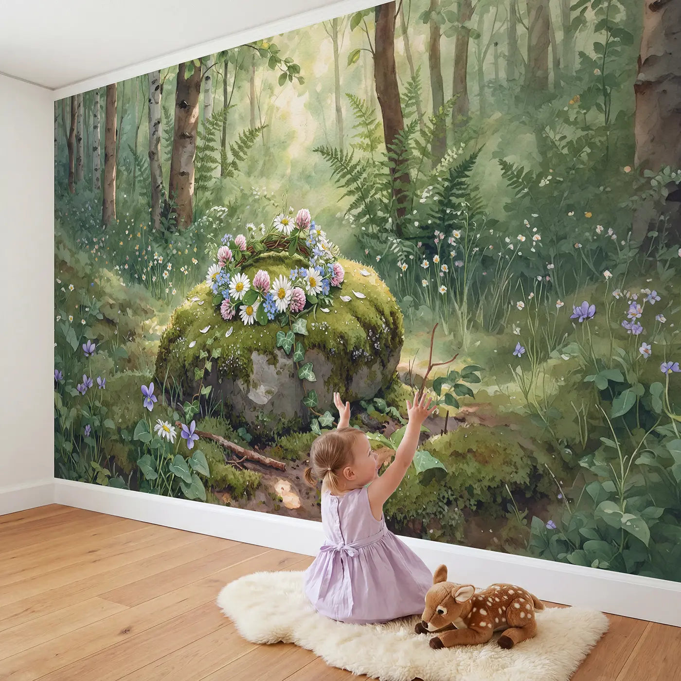 Child in nursery with Wildflower Crown Mossy Stone Wallpaper Mural by Whimsy Tots