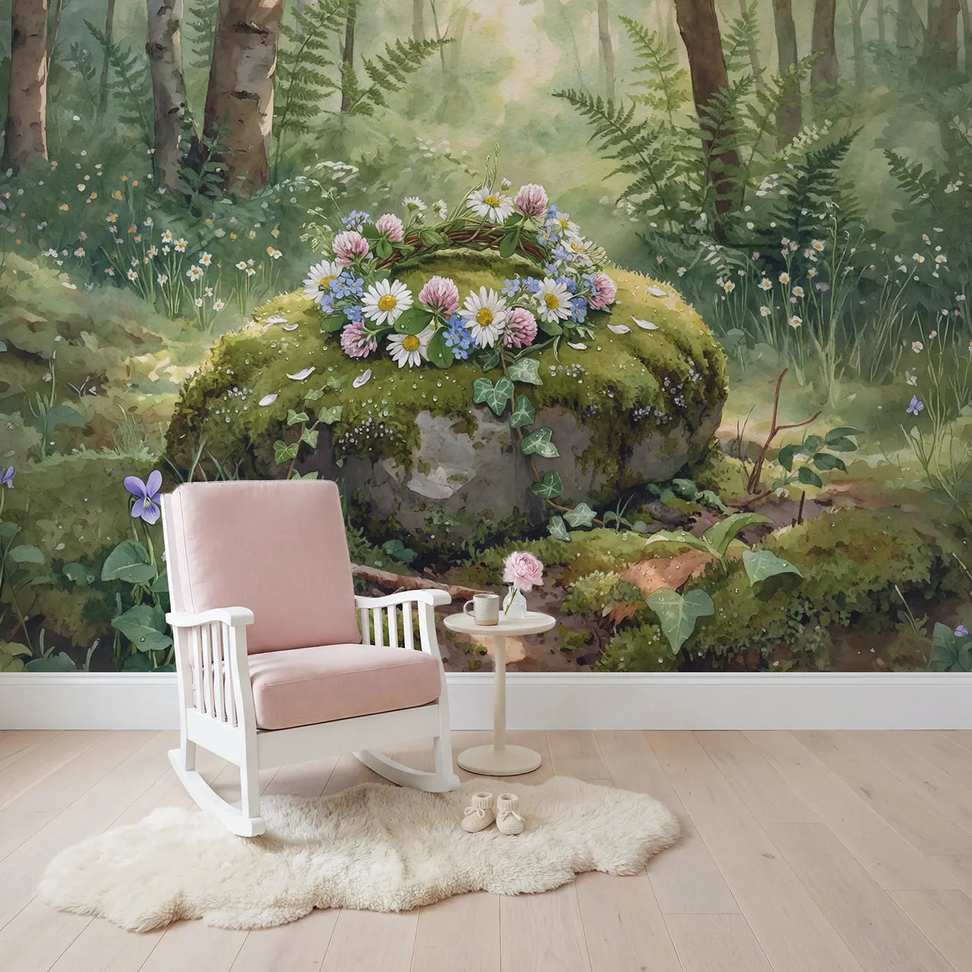 Wildflower Crown Mossy Stone Wallpaper Mural in playroom setting by Whimsy Tots