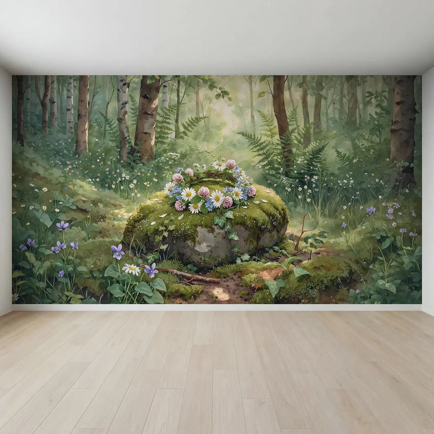 Full view of Wildflower Crown Mossy Stone Wallpaper Mural by Whimsy Tots