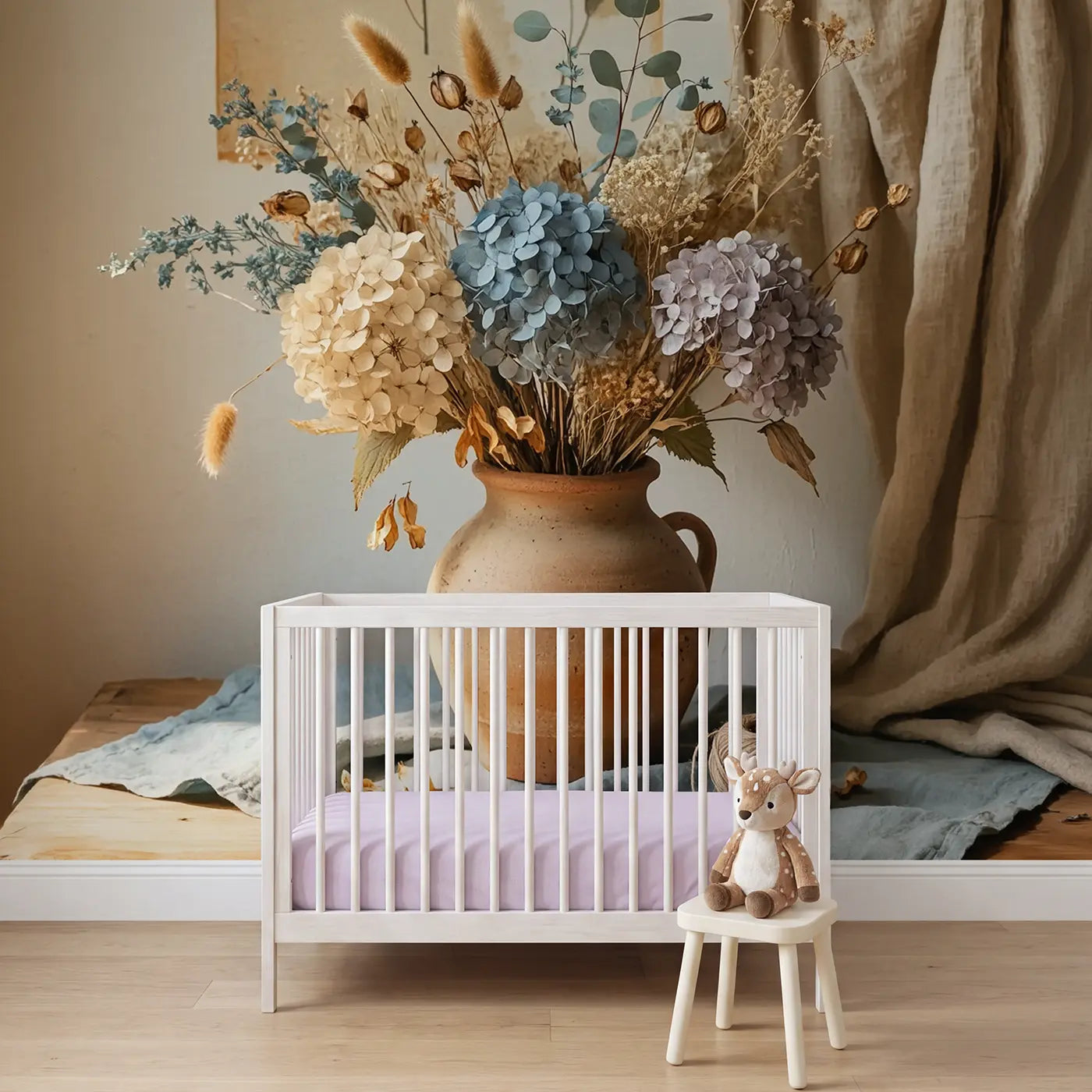 Soft Pastel dried flower earthenware wallpaper mural for kids room by Whimsy Tots