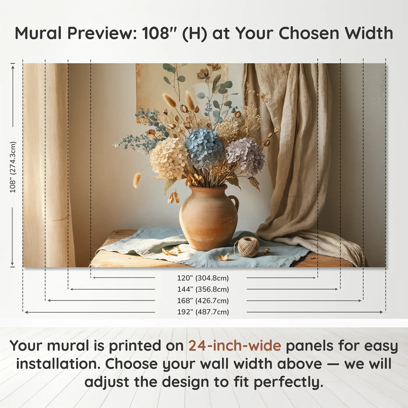 Panel layout and dimensions for Dried Flower Earthenware Wallpaper Mural by Whimsy Tots