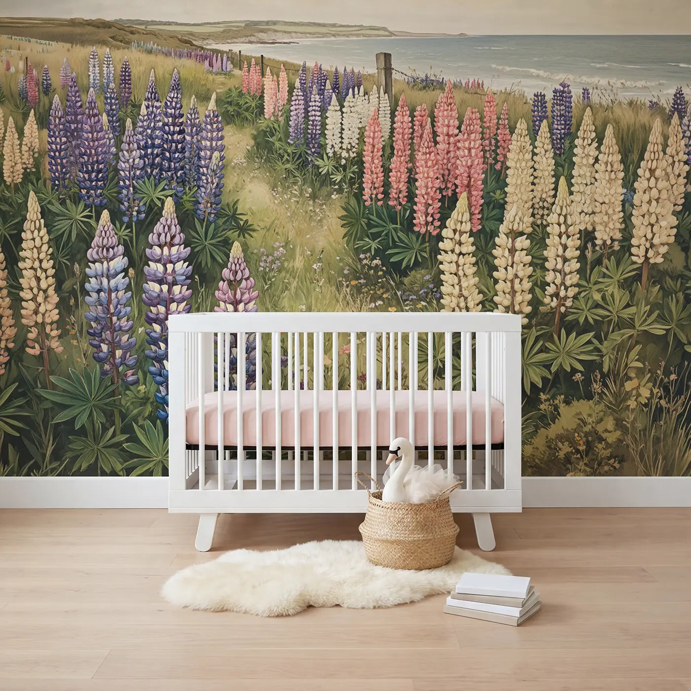 Storybook wildflower and field wallpaper mural for kids room by Whimsy Tots