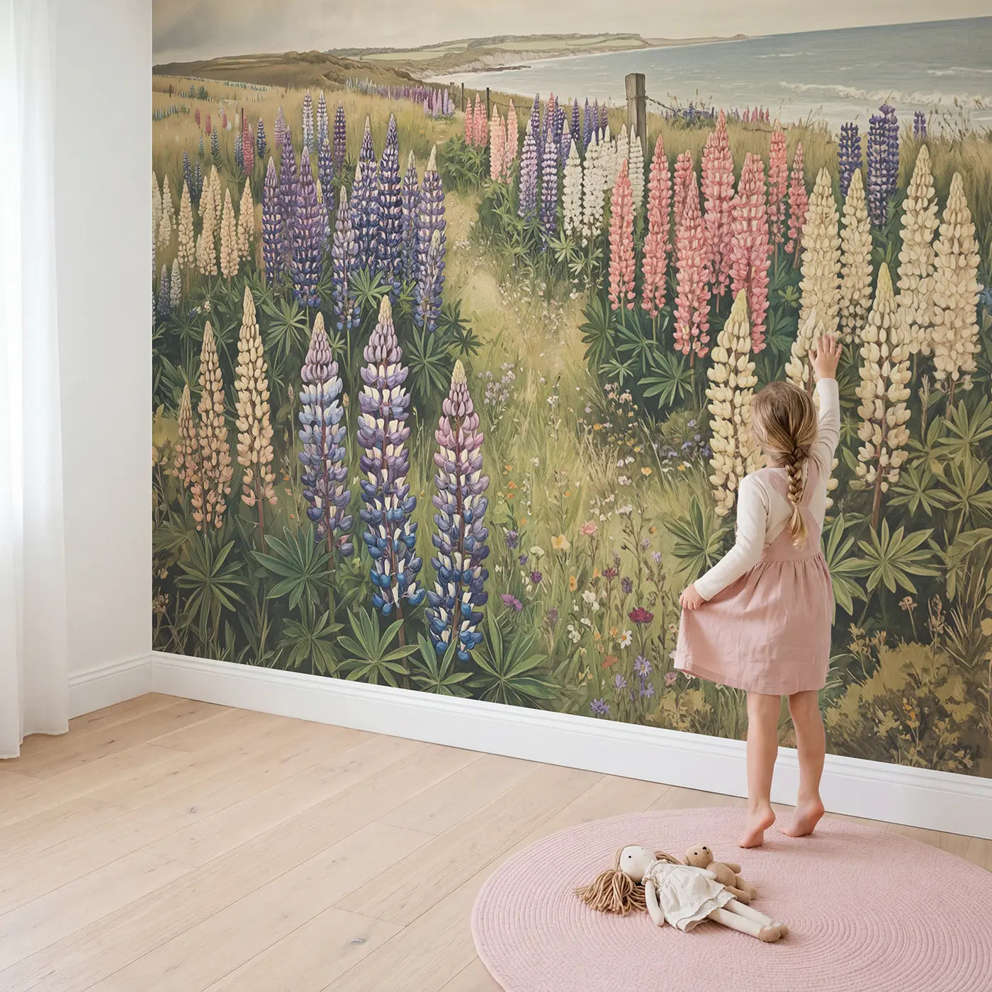 Child in nursery with Coastal Lupin Color Bands Wallpaper Mural by Whimsy Tots