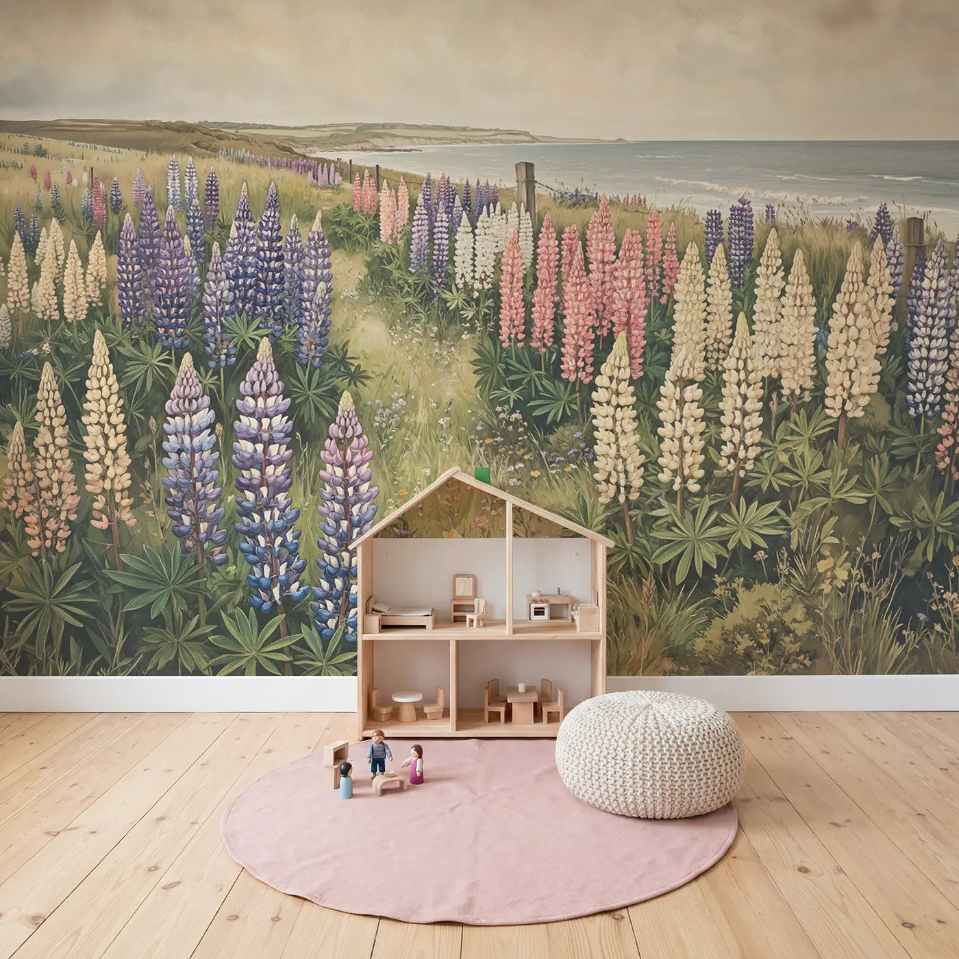 Coastal Lupin Color Bands Wallpaper Mural in playroom setting by Whimsy Tots
