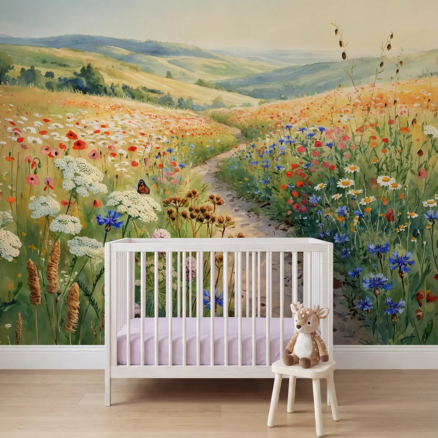 Watercolor wildflower and meadow wallpaper mural for kids room by Whimsy Tots