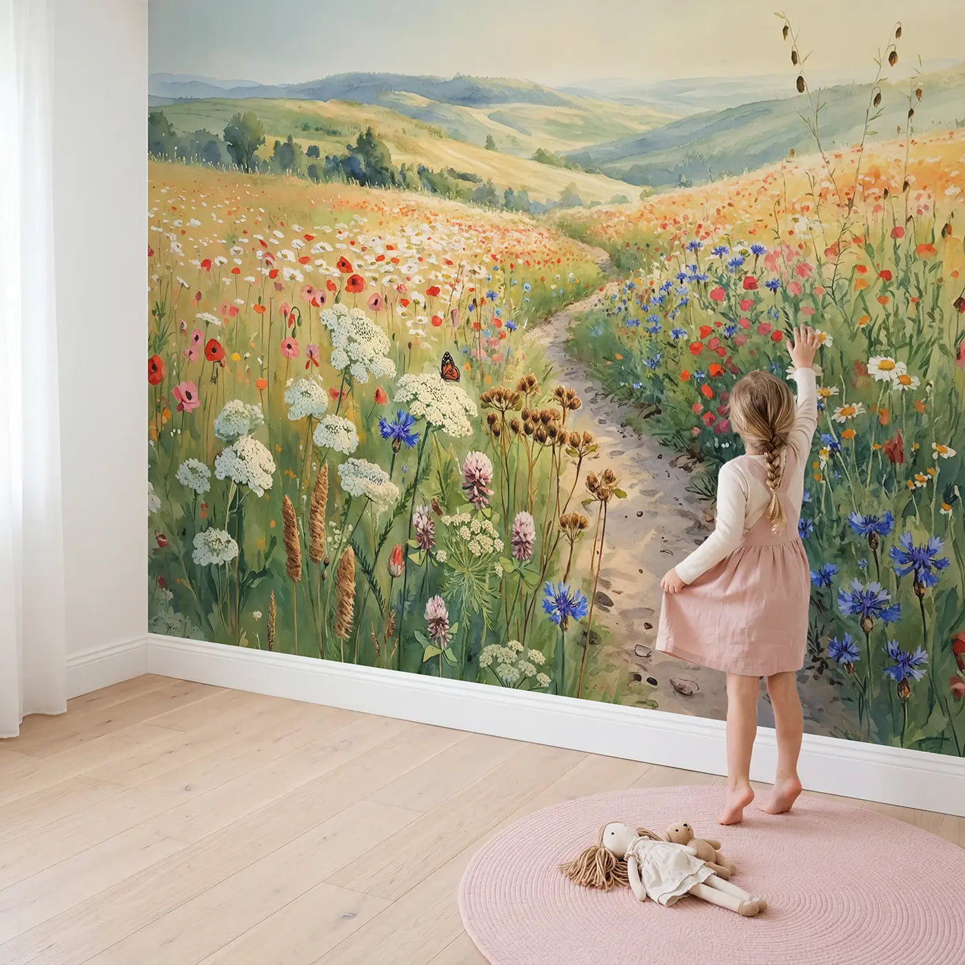 Child in nursery with Wildflower Path Rolling Hills Wallpaper Mural by Whimsy Tots