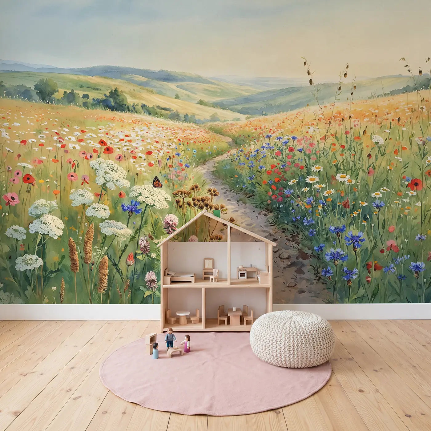 Wildflower Path Rolling Hills Wallpaper Mural in playroom setting by Whimsy Tots