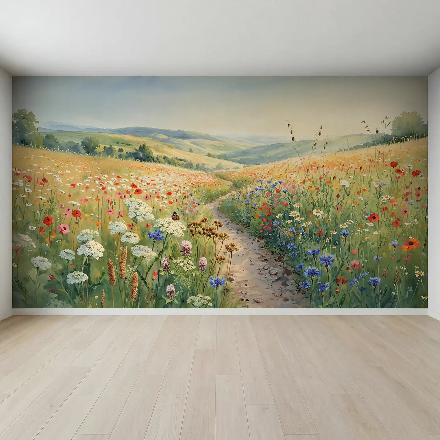 Full view of Wildflower Path Rolling Hills Wallpaper Mural by Whimsy Tots