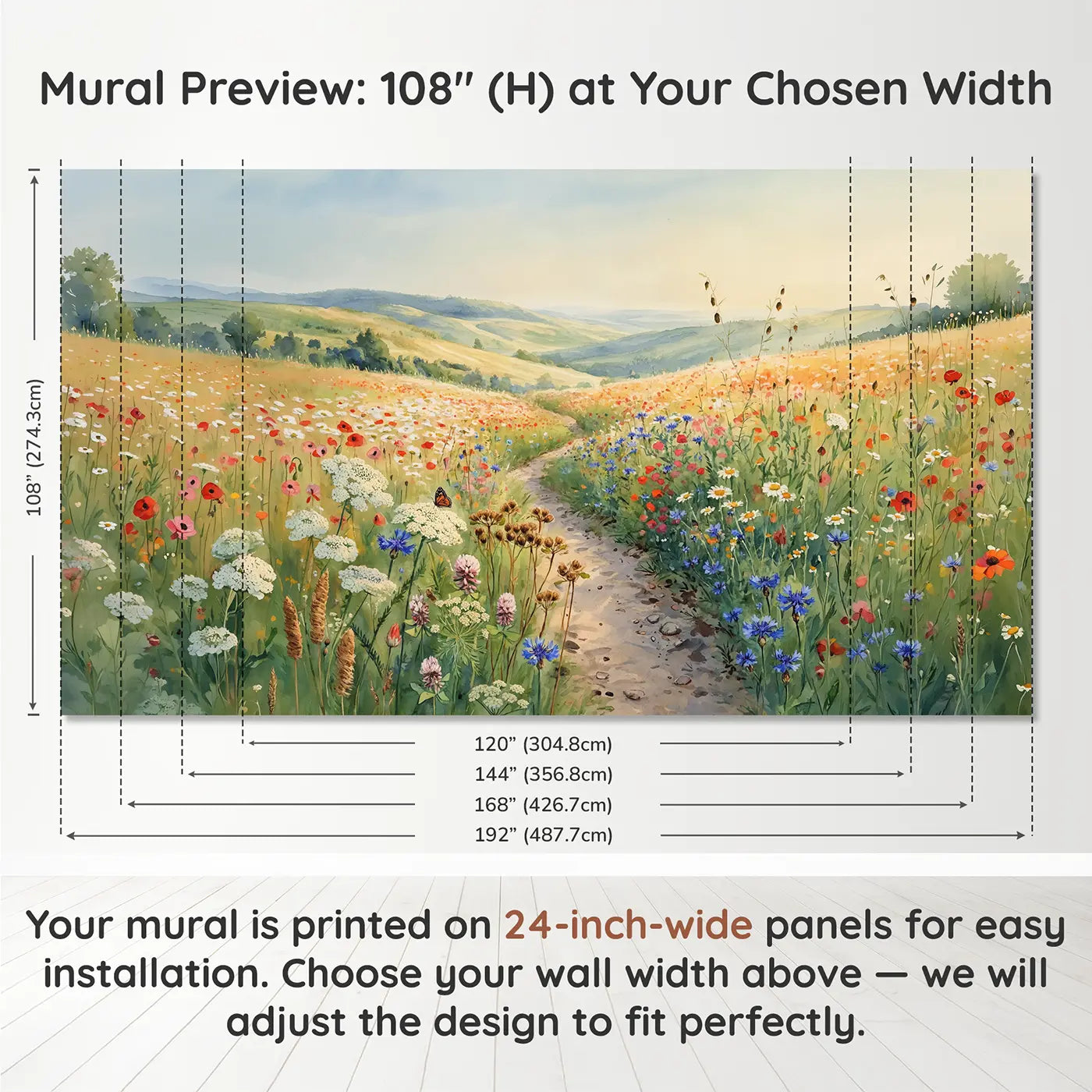 Panel layout and dimensions for Wildflower Path Rolling Hills Wallpaper Mural by Whimsy Tots