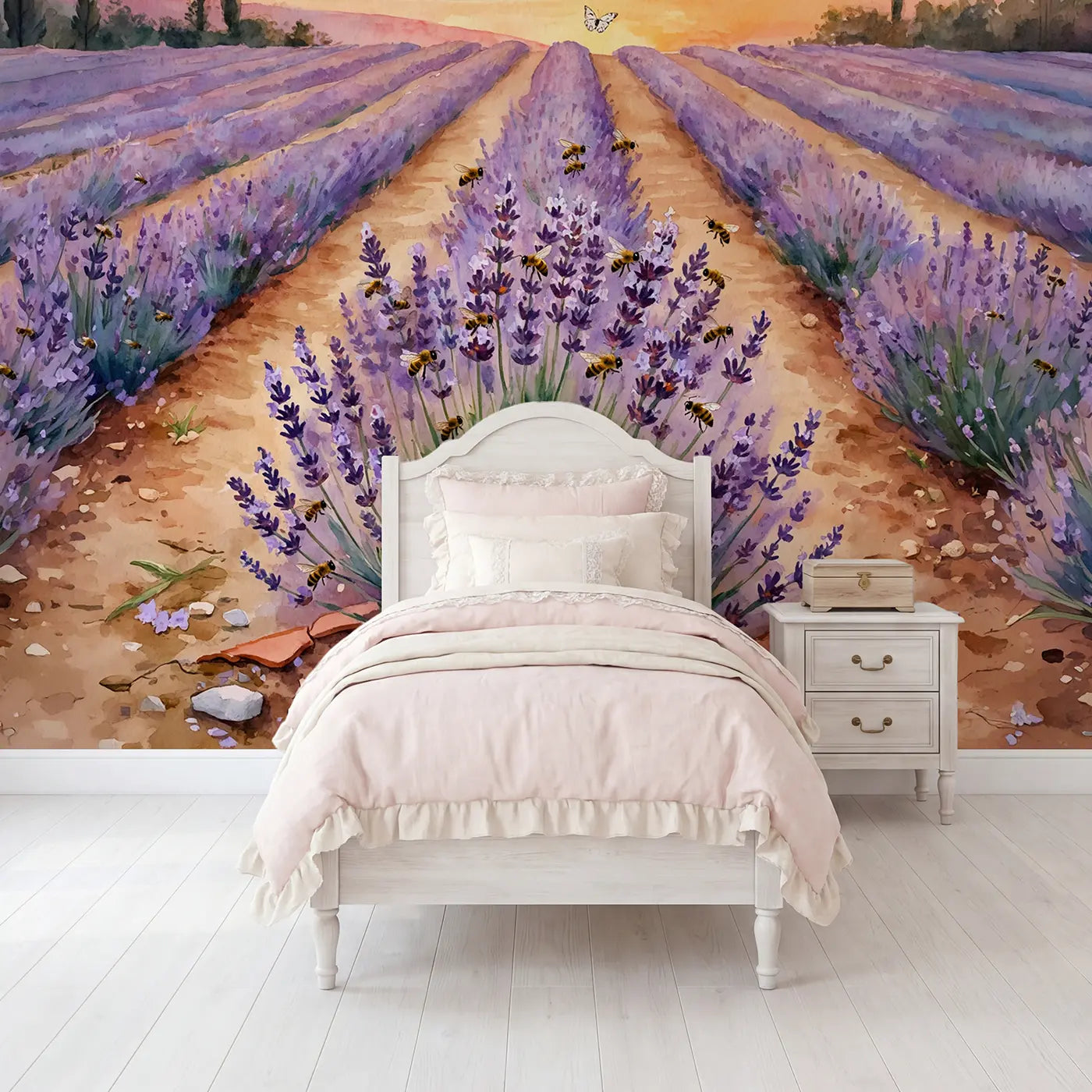 Watercolor lavender and bee meadow wallpaper mural for girls room by Whimsy Tots