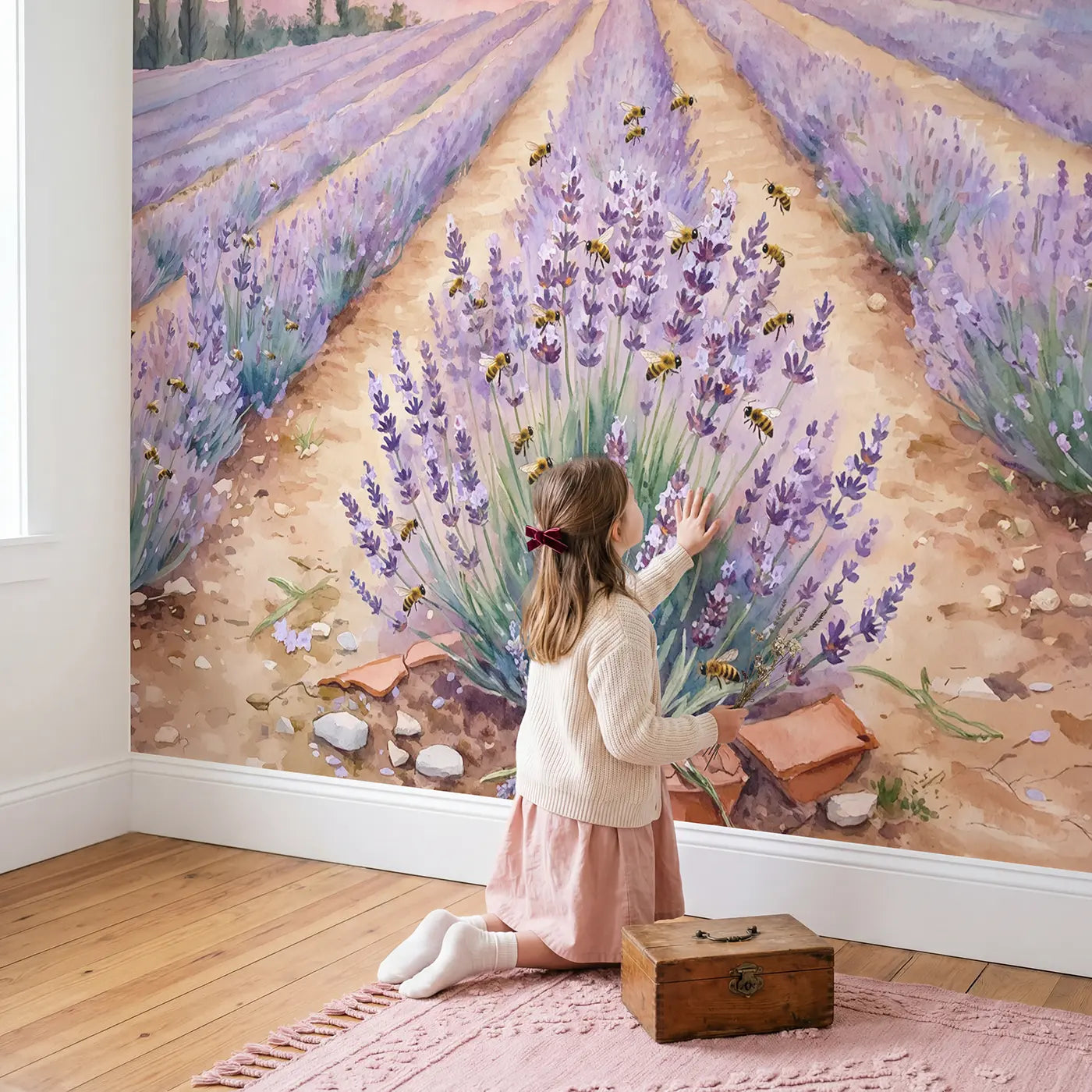 Child in nursery with Lavender Hill Sunset Wallpaper Mural by Whimsy Tots