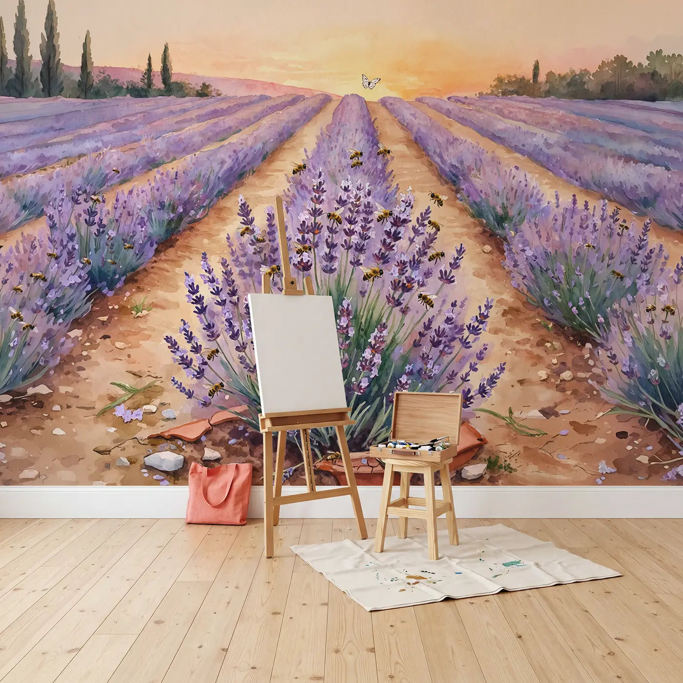 Lavender Hill Sunset Wallpaper Mural in playroom setting by Whimsy Tots