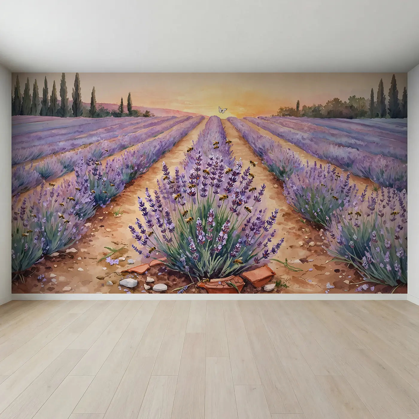 Full view of Lavender Hill Sunset Wallpaper Mural by Whimsy Tots