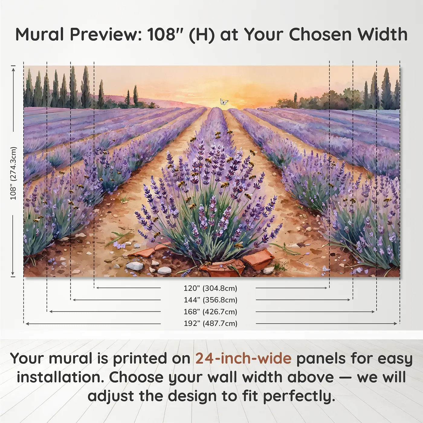 Panel layout and dimensions for Lavender Hill Sunset Wallpaper Mural by Whimsy Tots