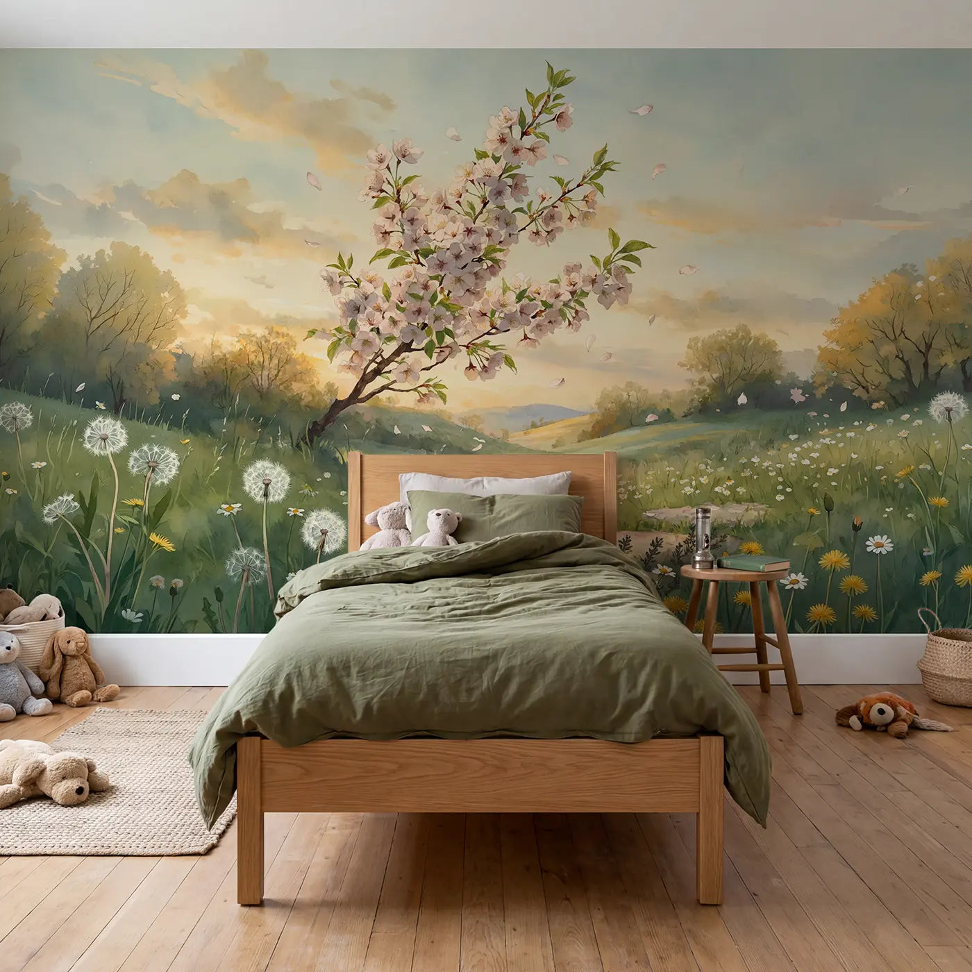 watercolor cherry blossom branch meadow wallpaper mural for kids room by Whimsy Tots