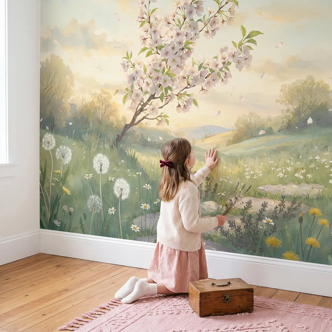 Child in nursery with Cherry Blossom Branch Heavy Wallpaper Mural by Whimsy Tots