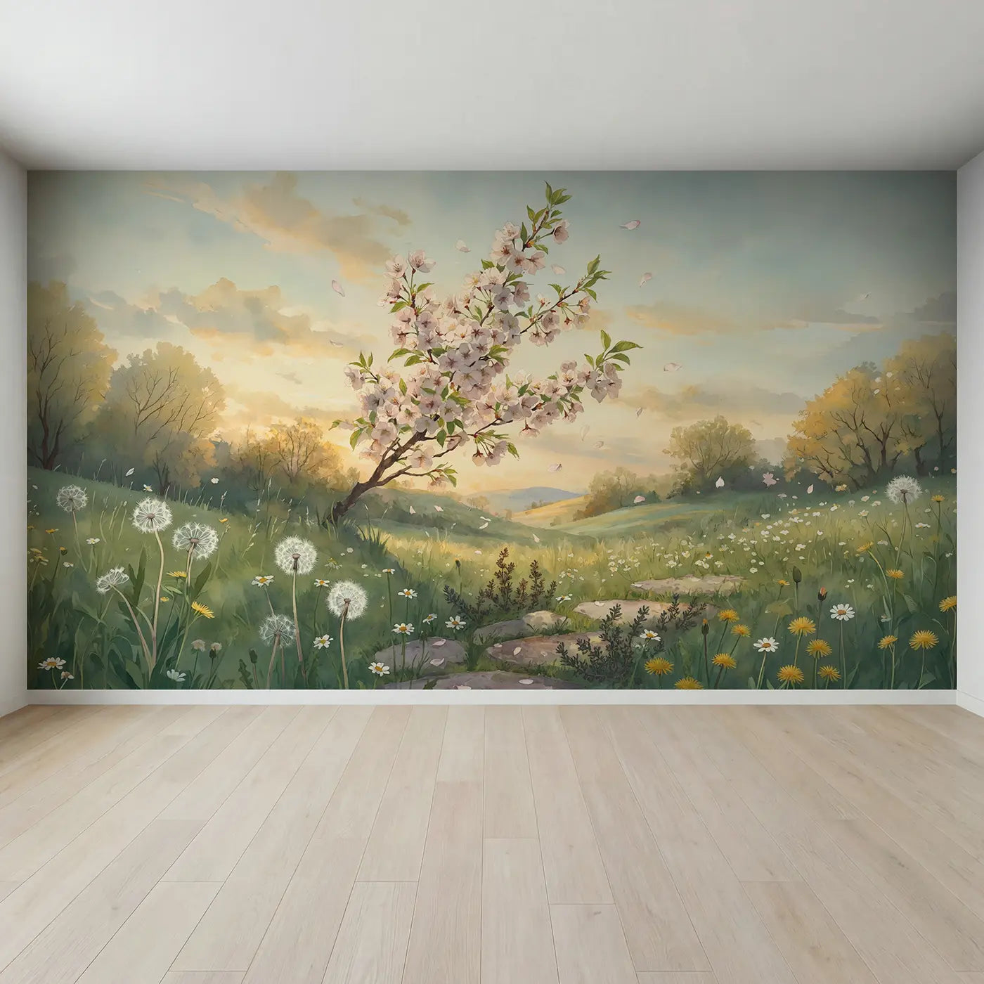 Full view of Cherry Blossom Branch Heavy Wallpaper Mural by Whimsy Tots