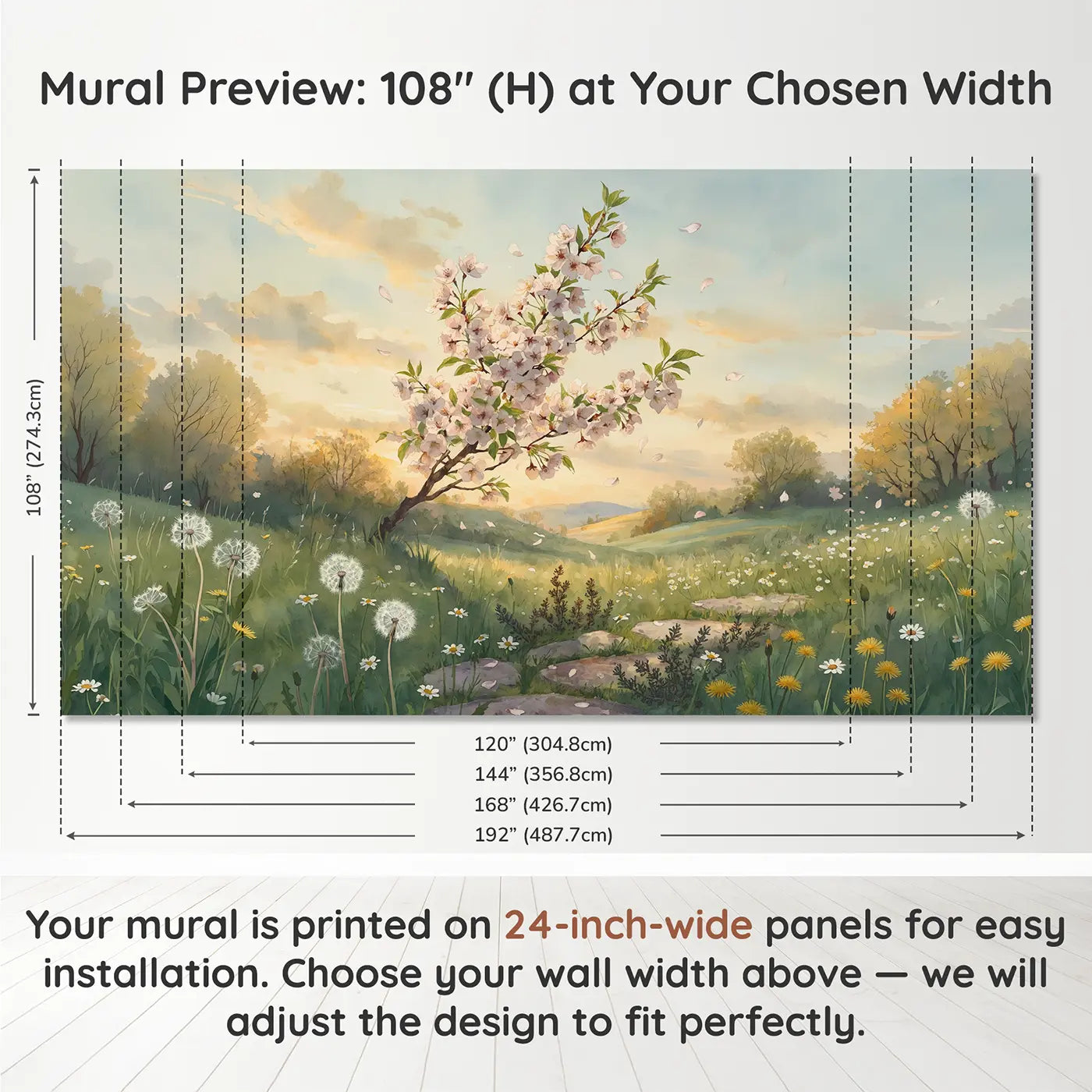 Panel layout and dimensions for Cherry Blossom Branch Heavy Wallpaper Mural by Whimsy Tots