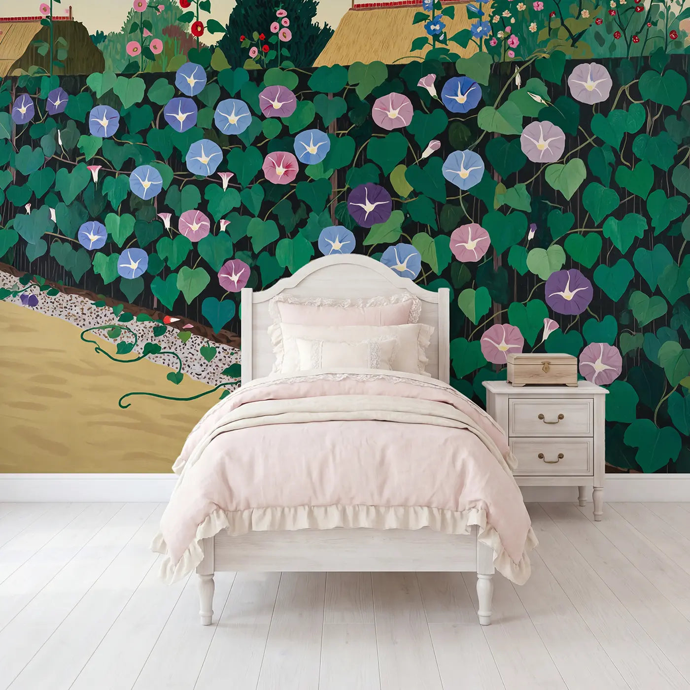 modern illustration morning glory fence garden wallpaper mural for girls room by Whimsy Tots