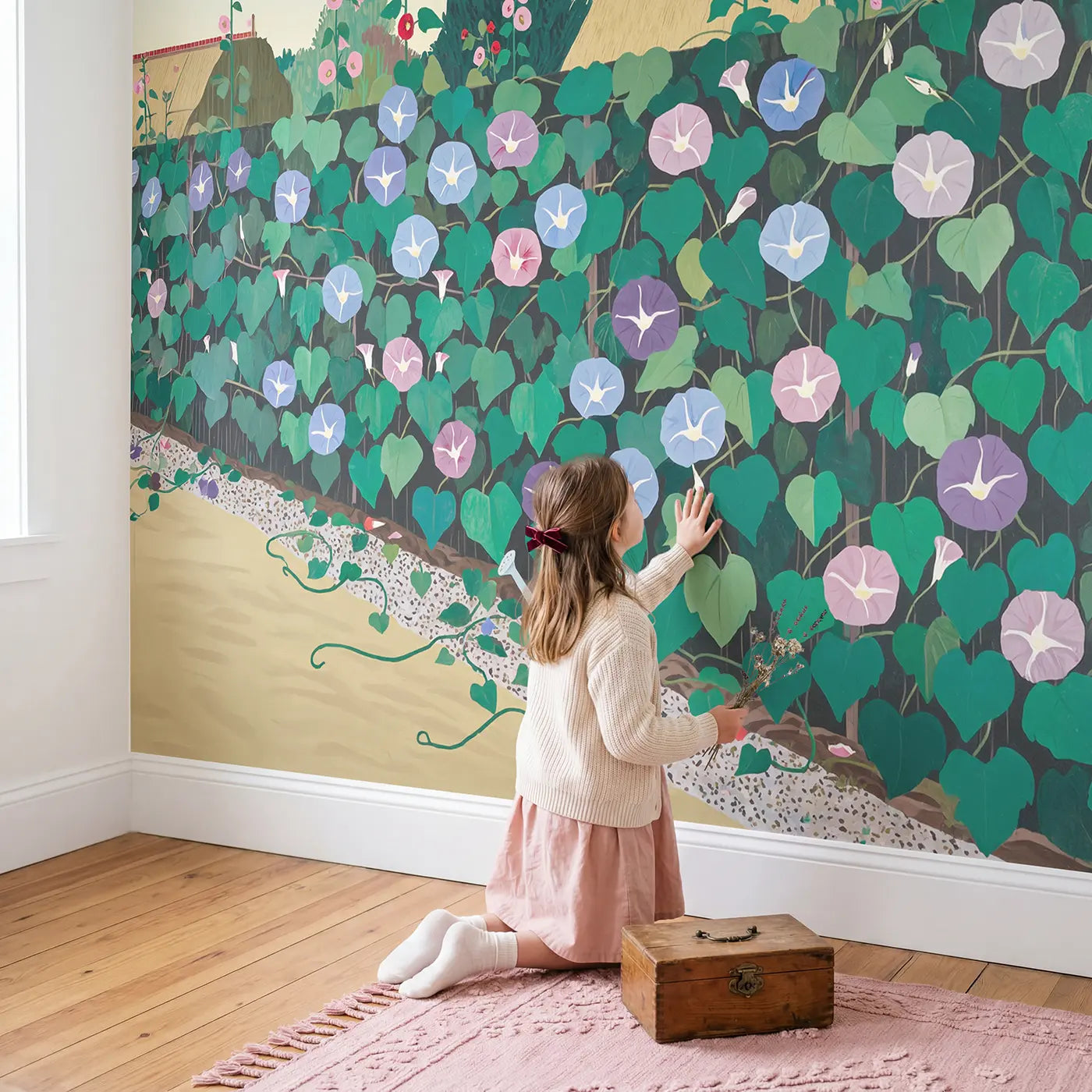 Child in nursery with Morning Glory Fence Garden Wallpaper Mural by Whimsy Tots